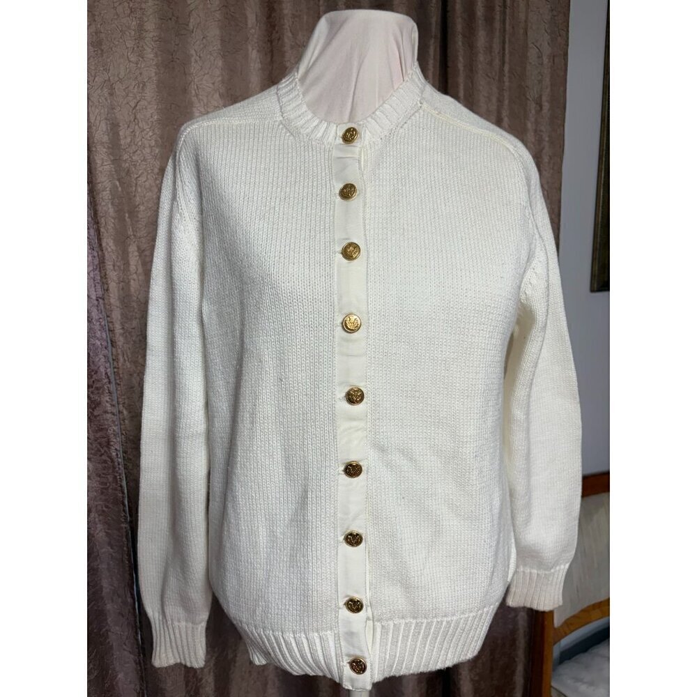 Vintage Archie Brown & Son White Cardigan Sweater Size 42 Cotton Gold Buttons